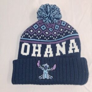Disney Stitch Ohana Beanie Hat Pom Pom Knit Blue Purple